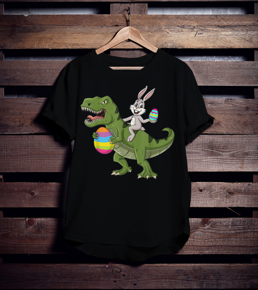 Rabbit On Dinosaur Holding Colorful Easter Eggs T-Shirt
