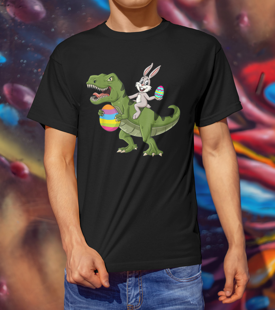 Rabbit On Dinosaur Holding Colorful Easter Eggs T-Shirt