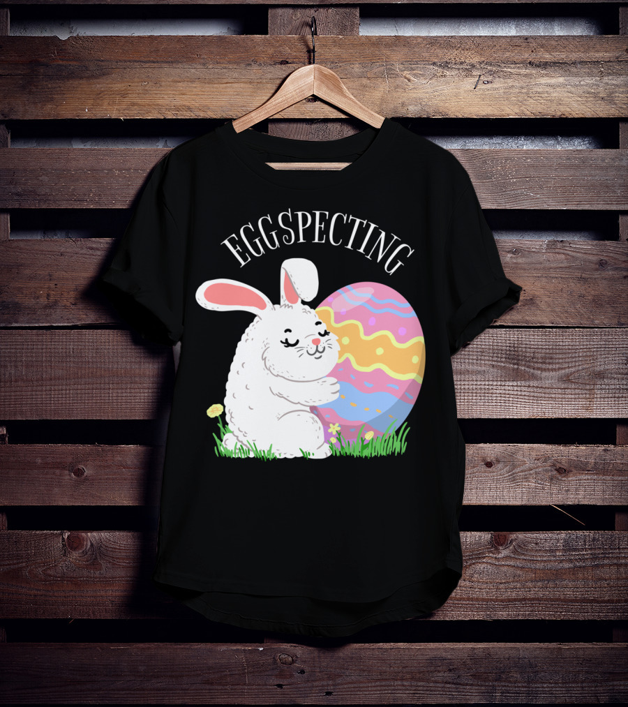 Eggspecting Easter Bunny Hugging Colorful Egg Pregnancy Announcement T-Shirt