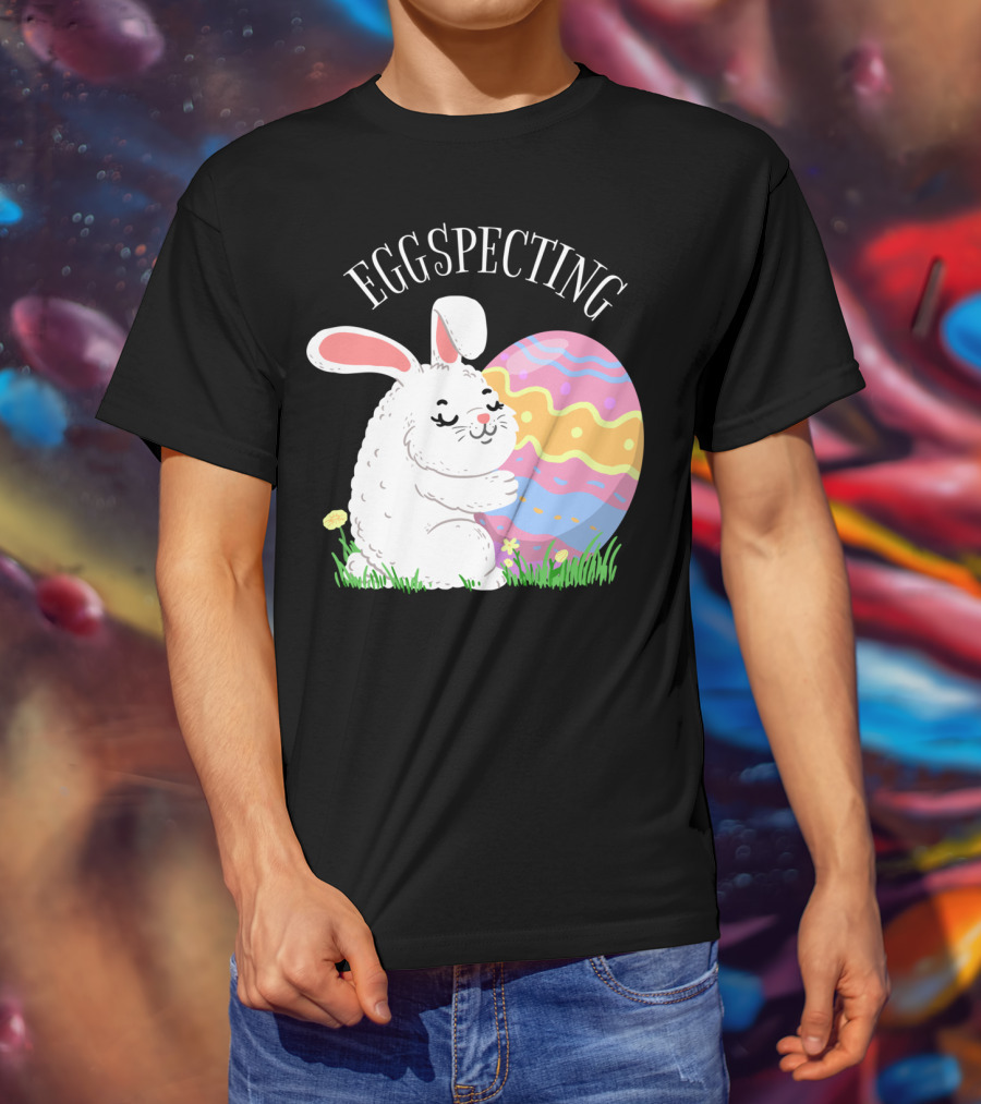 Eggspecting Easter Bunny Hugging Colorful Egg Pregnancy Announcement T-Shirt
