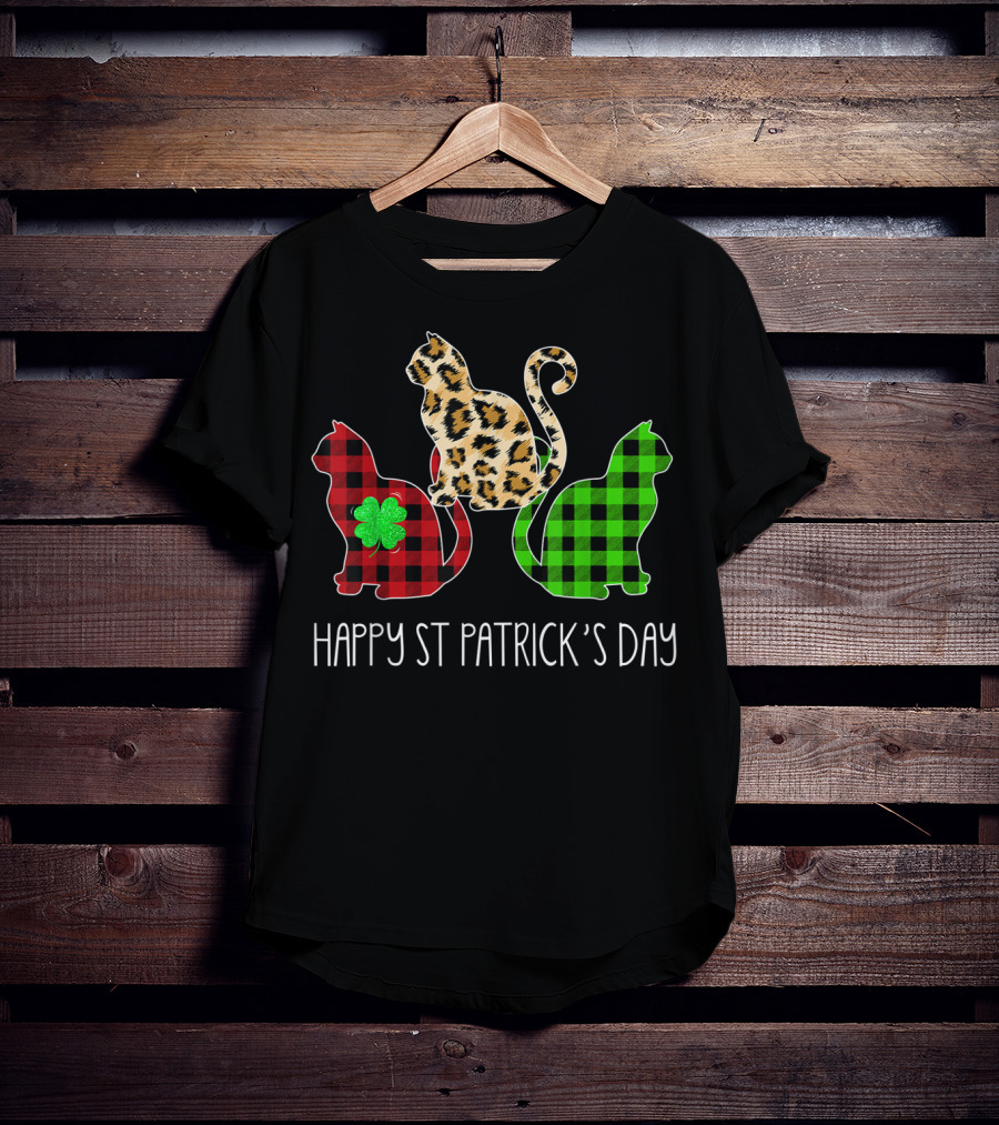 Happy St Patrick’s Day Leopard Buffalo Plaid Cat Trio T-Shirt