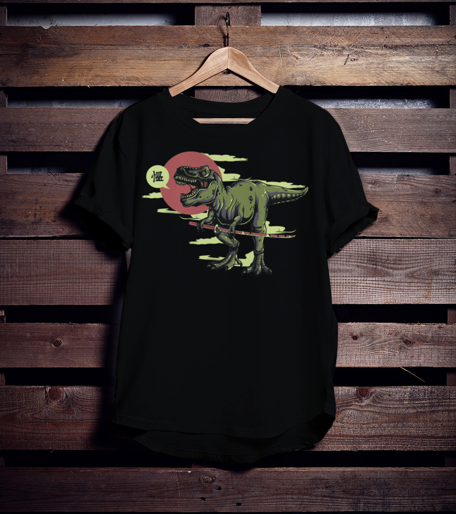 T Rex Dinosaur Samurai With Katana And Japanese T-Shirt