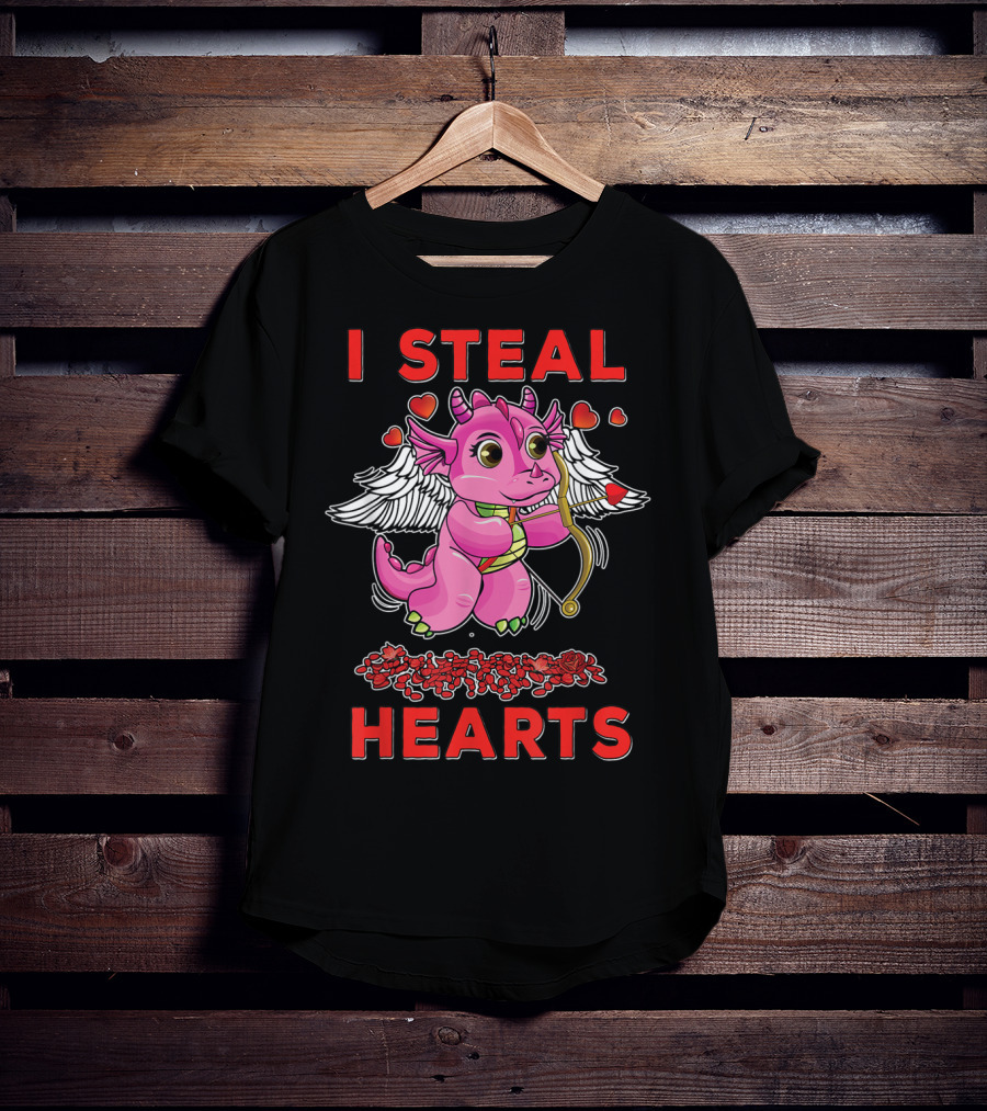 I Steal Hearts Valentine's Day Cute Cupid Dragon Girl With Bow And Roses T-Shirt