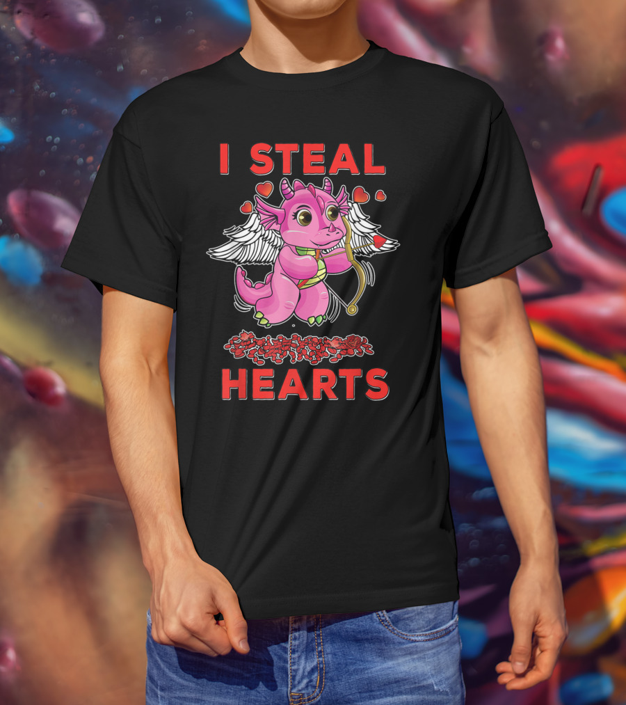I Steal Hearts Valentine's Day Cute Cupid Dragon Girl With Bow And Roses T-Shirt