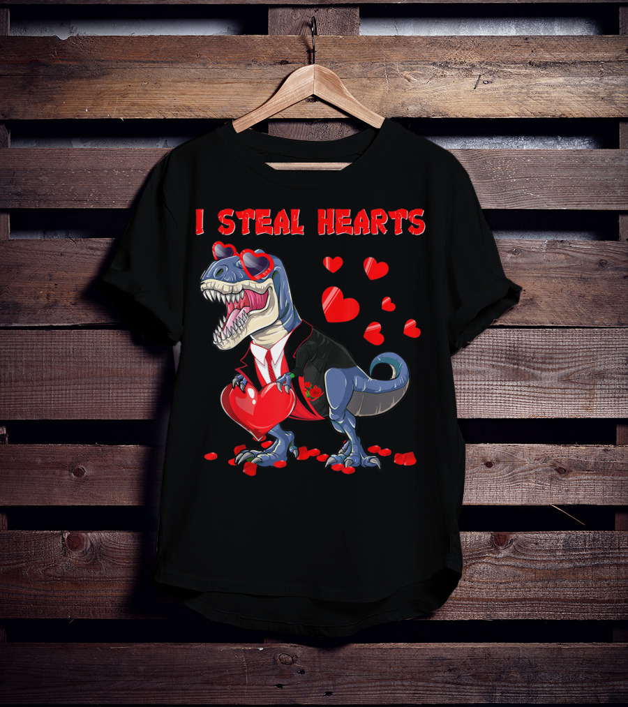 I Steal Hearts Valentines Day Dinosaur In Tuxedo With Hearts T-Shirt