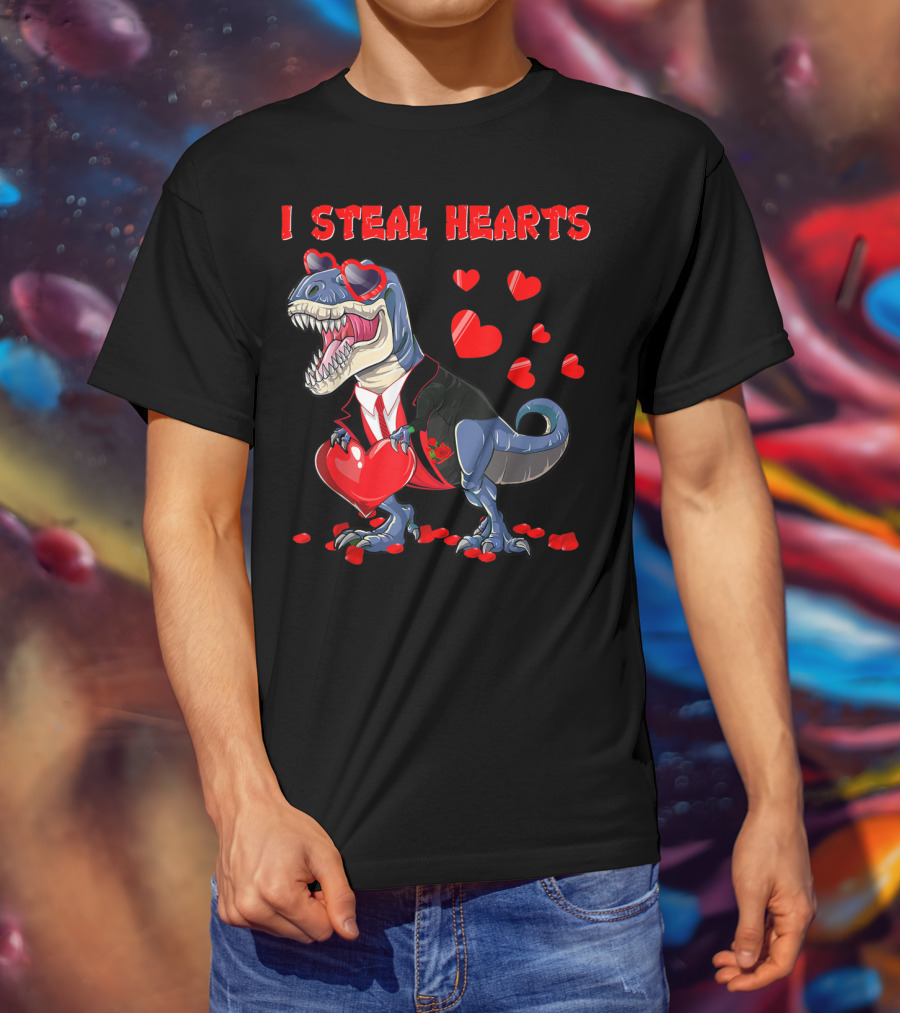 I Steal Hearts Valentines Day Dinosaur In Tuxedo With Hearts T-Shirt