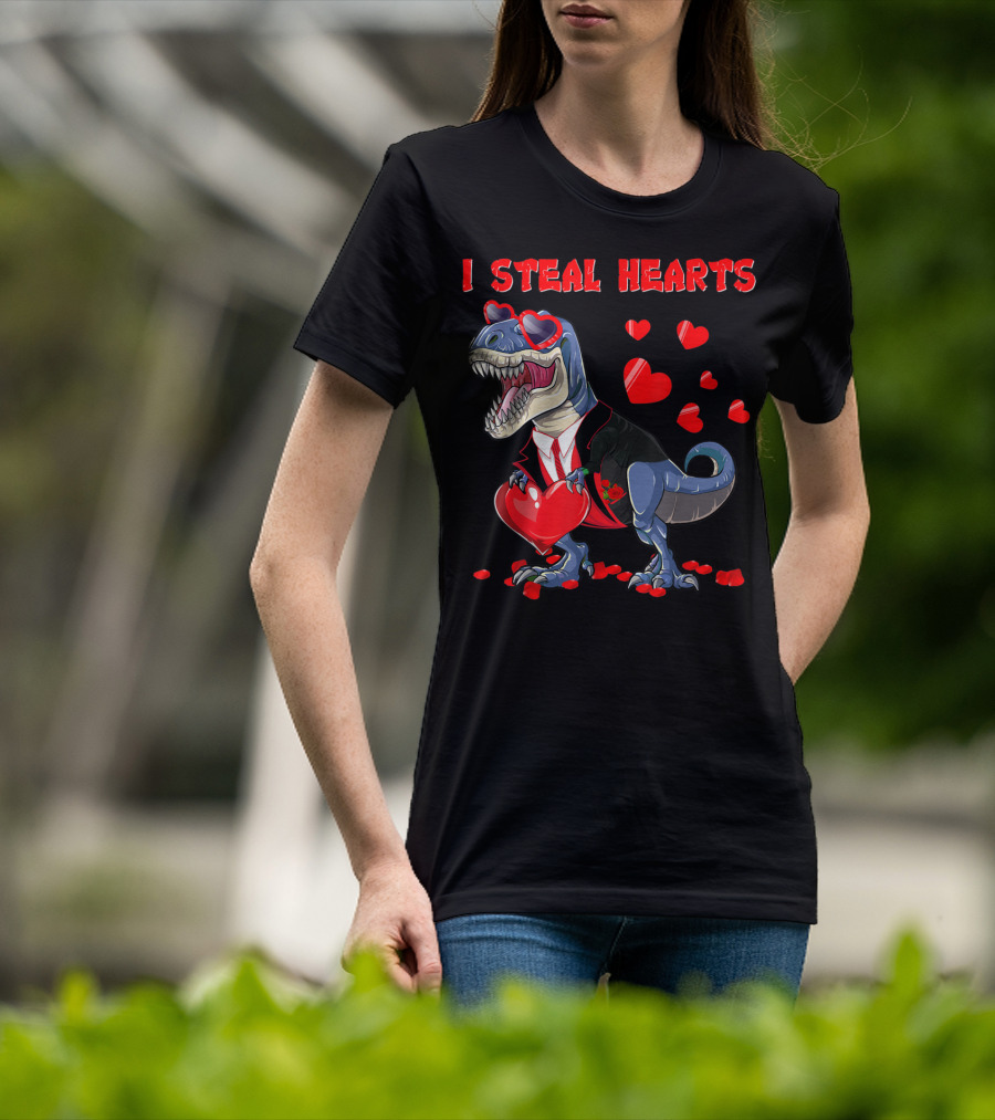 I Steal Hearts Valentines Day Dinosaur In Tuxedo With Hearts T-Shirt