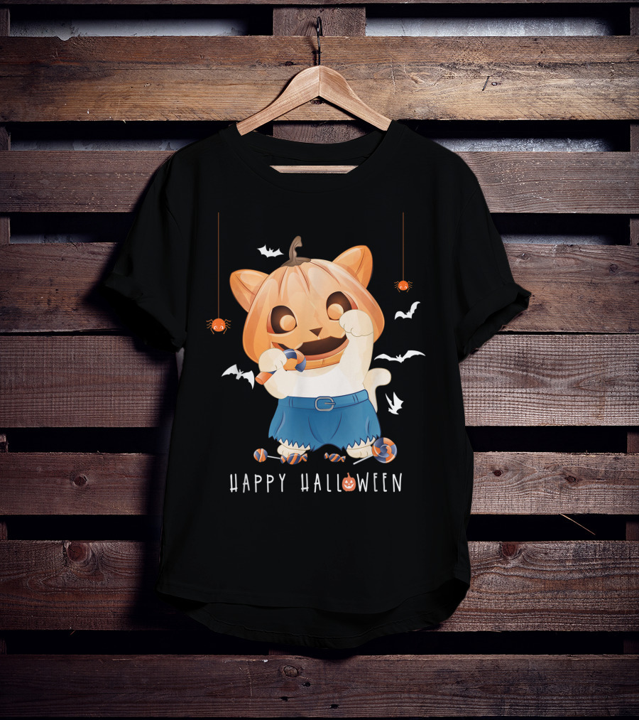 Happy Halloween Pumpkin Cat With Candy And Bats T-Shirt
