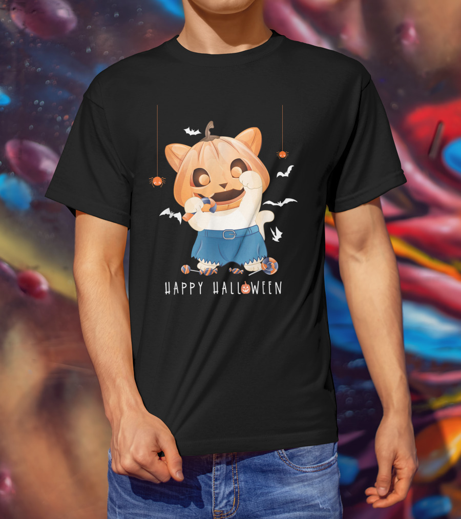 Happy Halloween Pumpkin Cat With Candy And Bats T-Shirt
