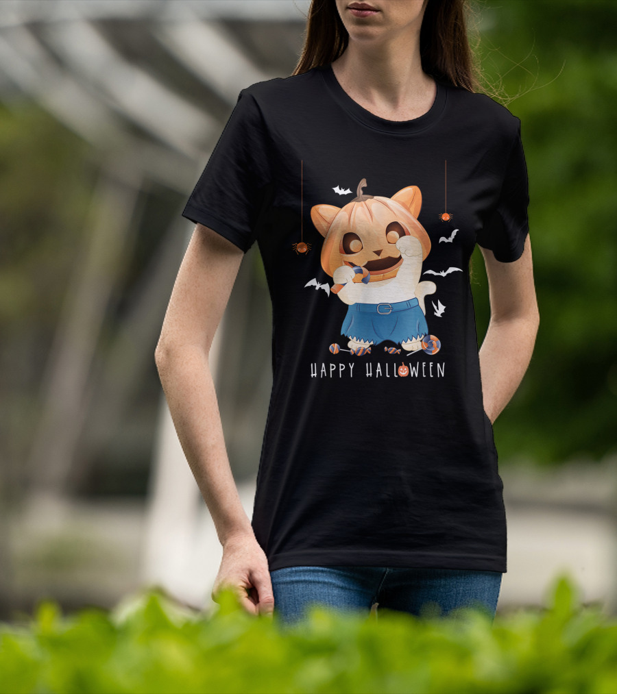 Happy Halloween Pumpkin Cat With Candy And Bats T-Shirt