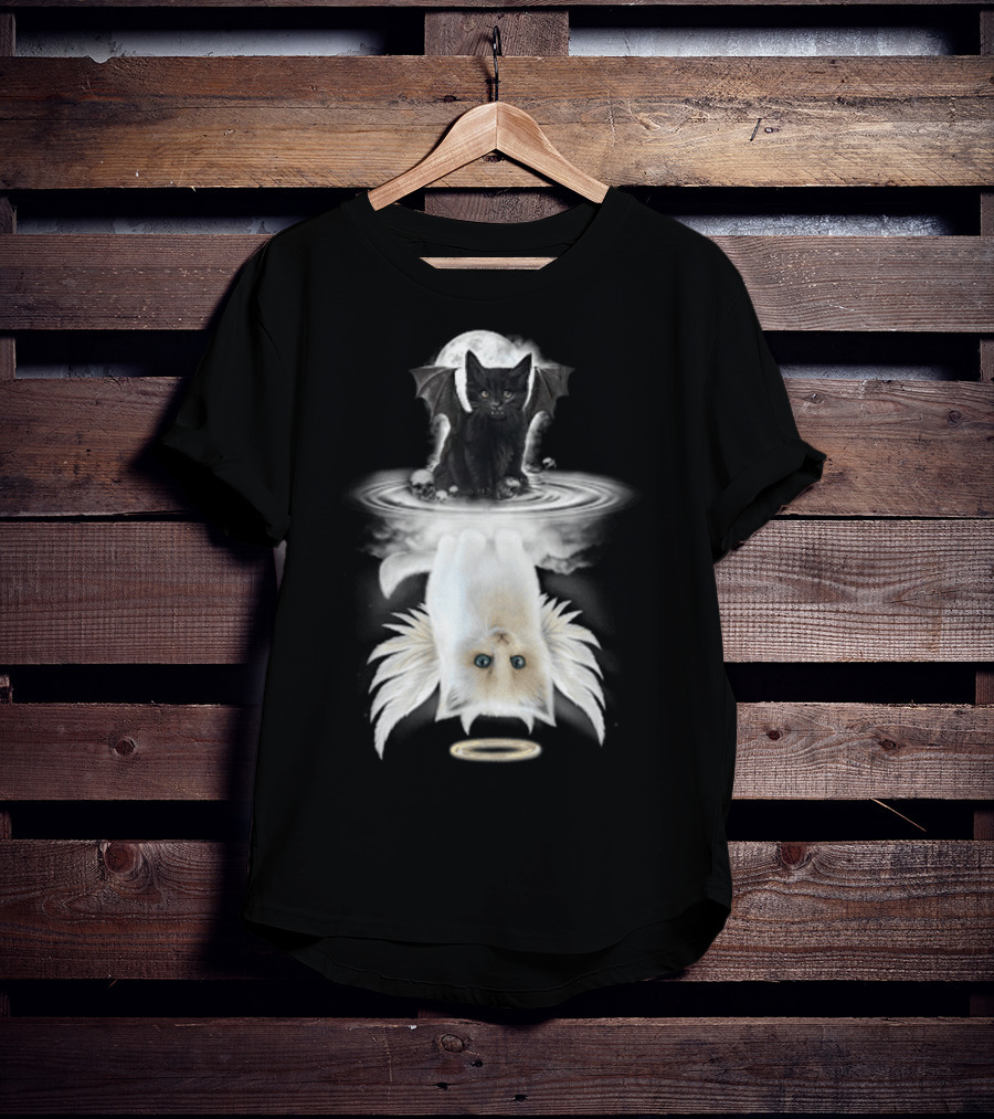 Black Cat Devil With Wings White Cat Angel With Halo Reflection Moon Skulls T-Shirt
