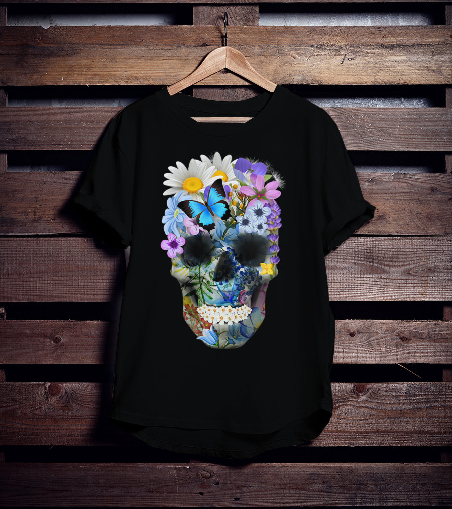 Halloween Floral Sugar Skull With Colorful Flowers And Butterfly T-Shirt