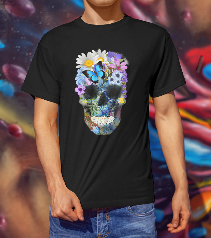 Halloween Floral Sugar Skull With Colorful Flowers And Butterfly T-Shirt