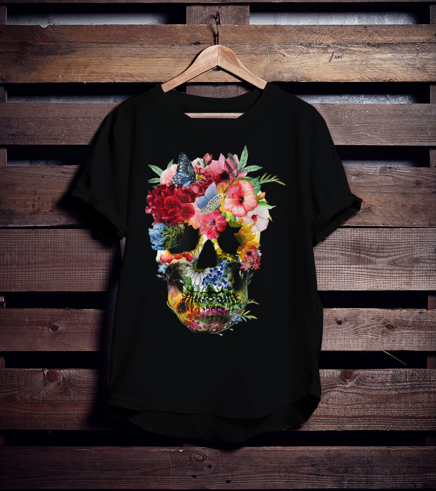 Floral Sugar Skull Butterfly Garden Bouquet T-Shirt