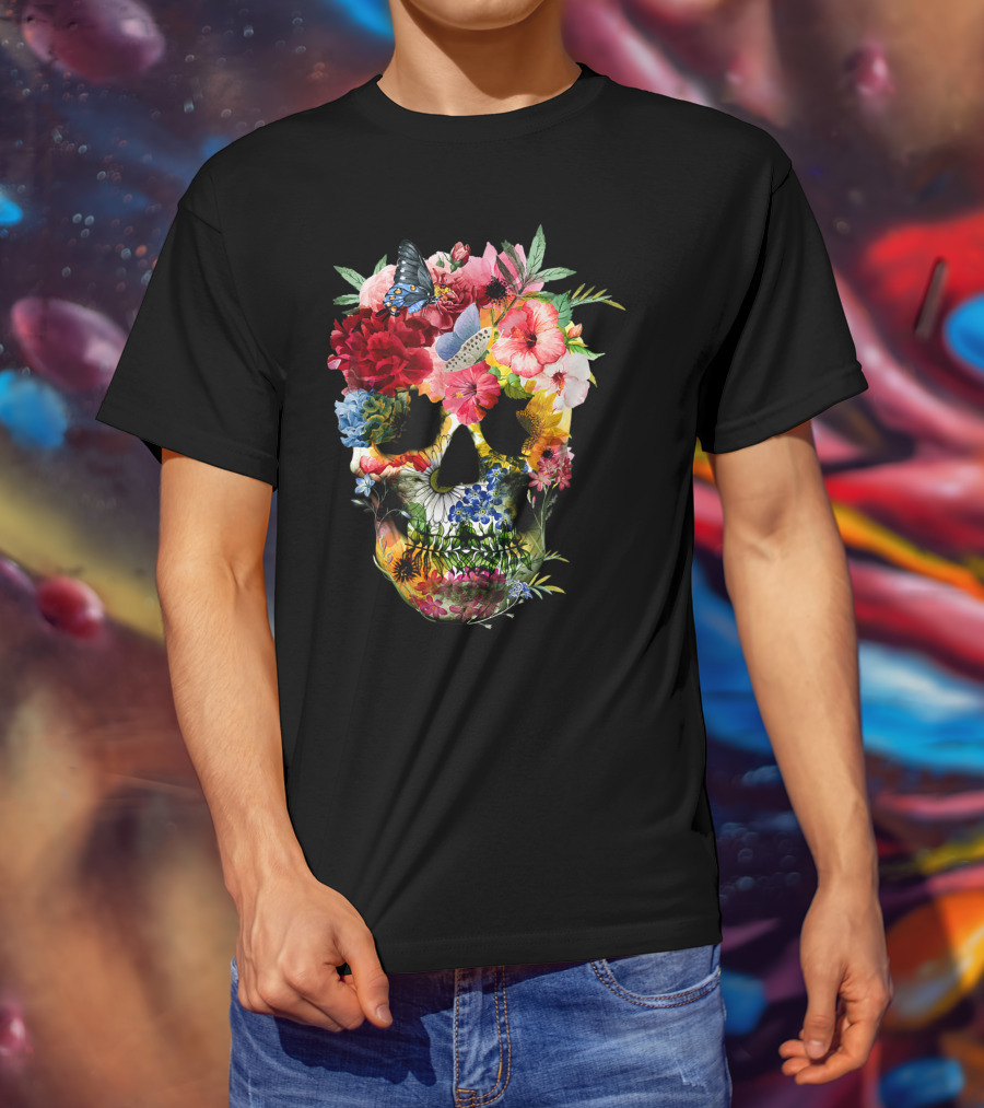 Floral Sugar Skull Butterfly Garden Bouquet T-Shirt
