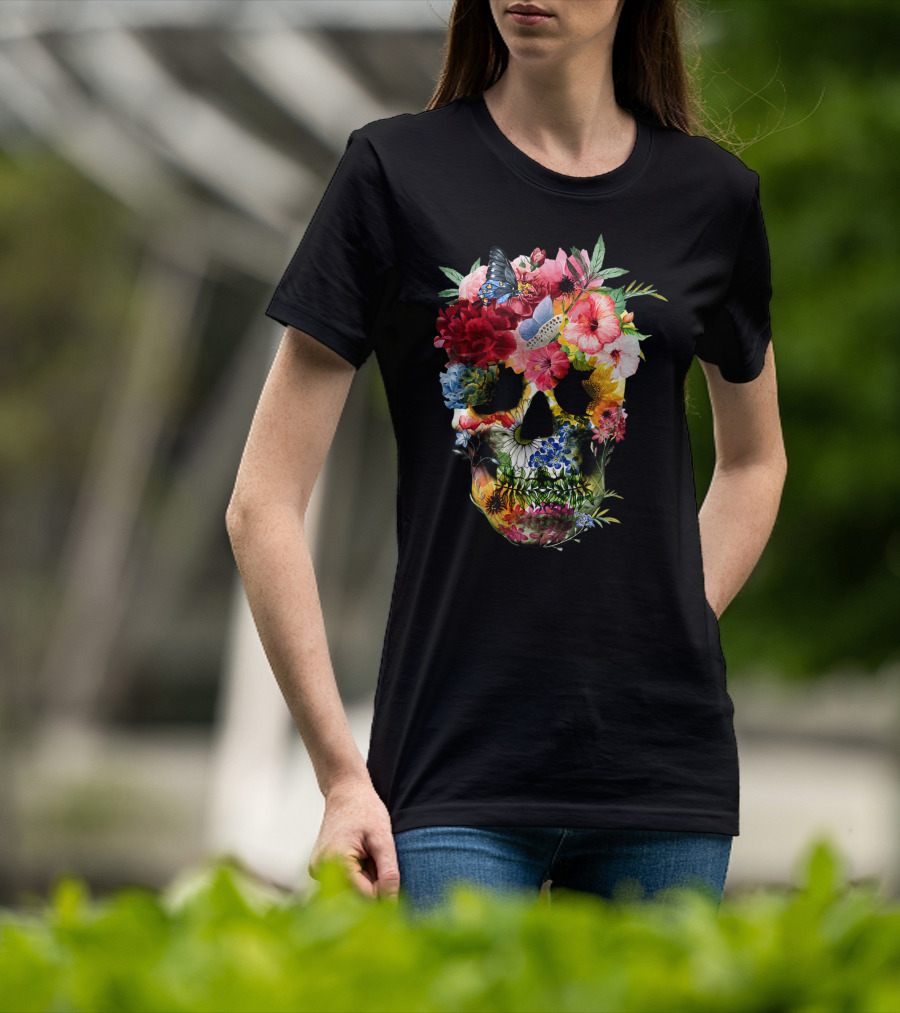 Floral Sugar Skull Butterfly Garden Bouquet T-Shirt