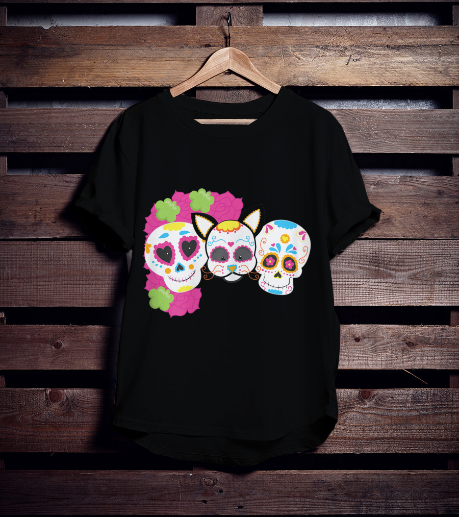 Sugar Skull Cat With Flowers Day Of Dead Floral Skulls T-Shirt