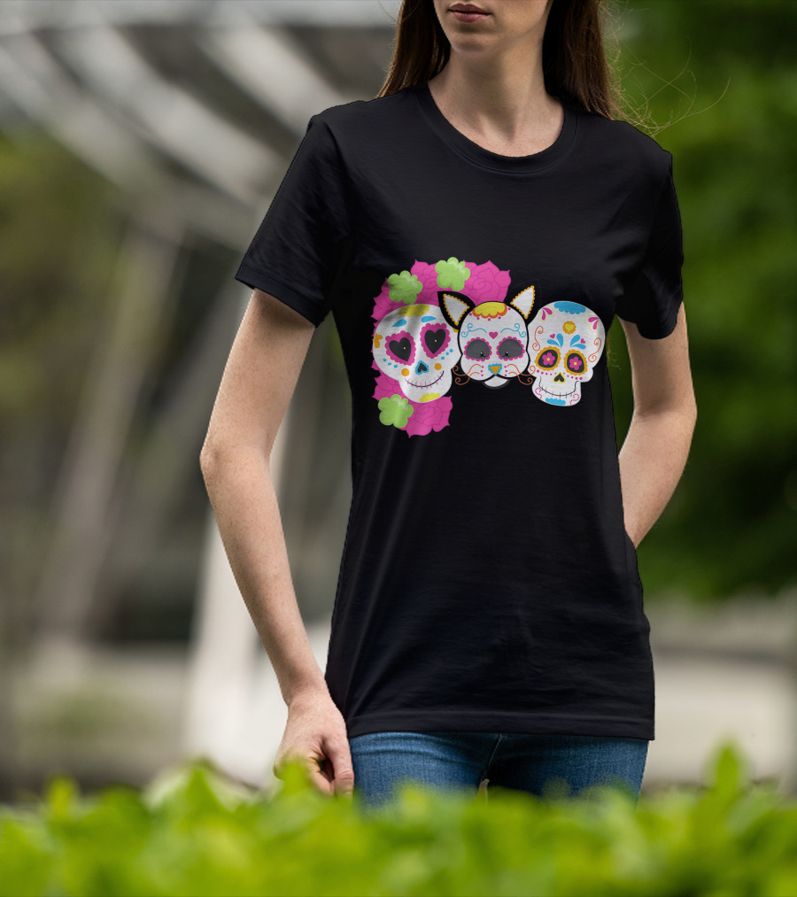 Sugar Skull Cat With Flowers Day Of Dead Floral Skulls T-Shirt