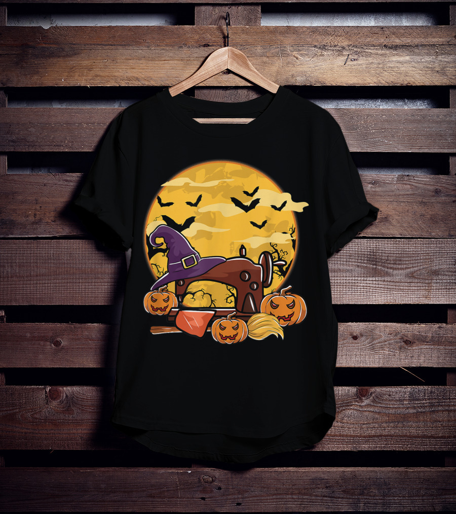 Spooky Sewing Machine With Halloween Pumpkins And Witch Hat In Full Moon Bat Swarm T-Shirt
