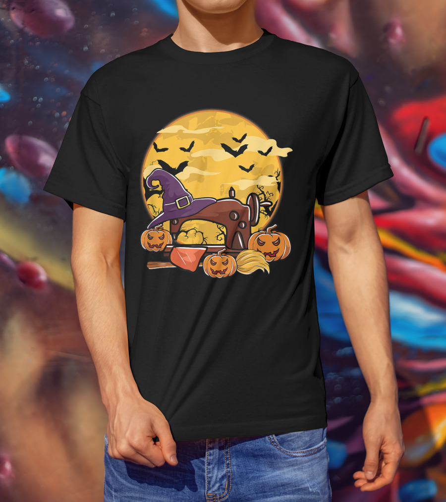 Spooky Sewing Machine With Halloween Pumpkins And Witch Hat In Full Moon Bat Swarm T-Shirt