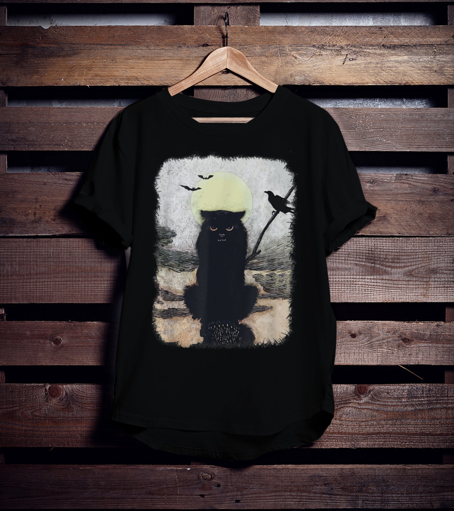 Moonlit Spooky Halloween Scary Black Cat With Bats And Crow T-Shirt