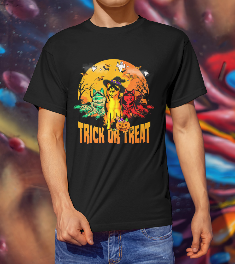 Trick Or Treat Siberian Husky Halloween Ghosts Pumpkins And Bats T-Shirt