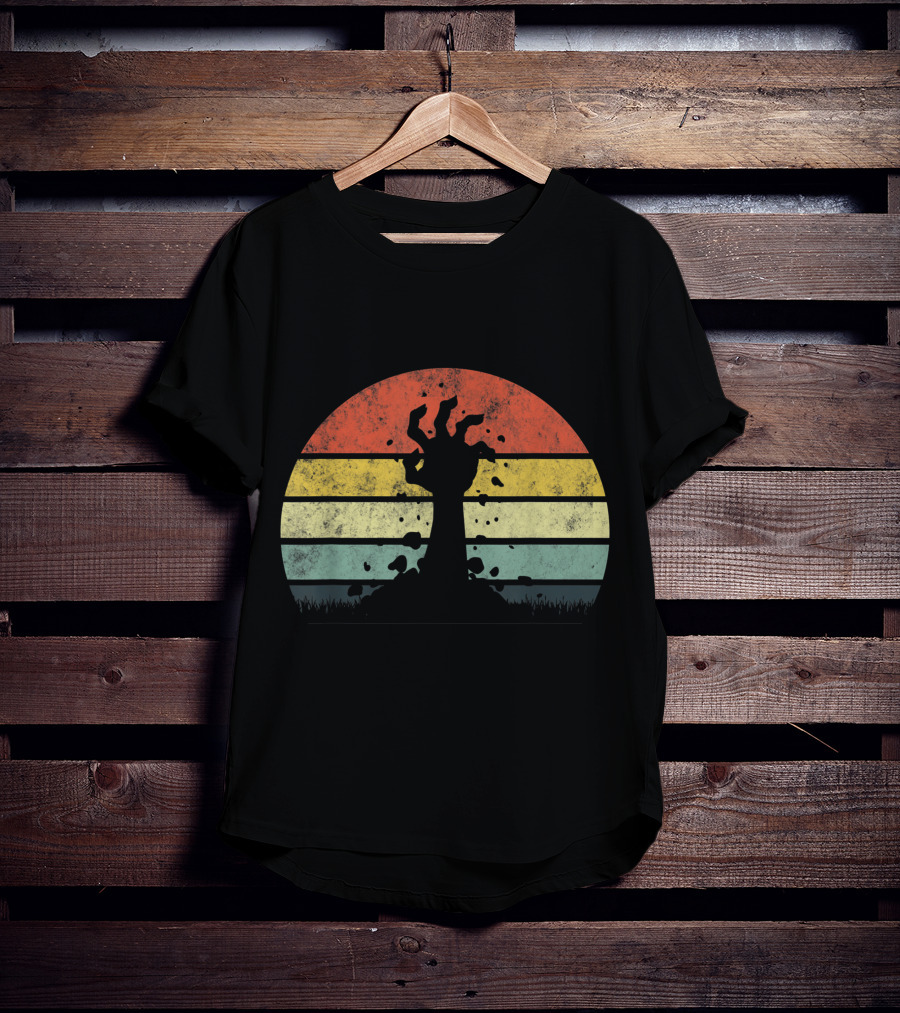Vintage Retro Scary Zombie Hand Rising In Striped Sunset Background T-Shirt