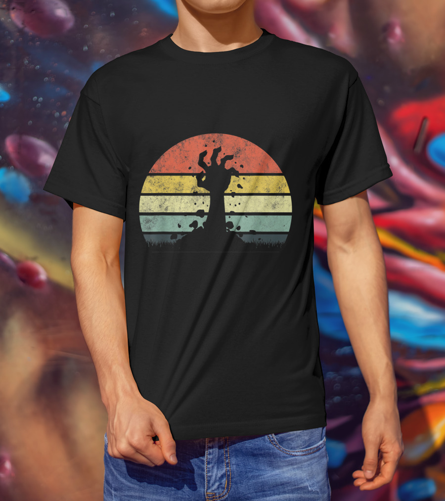 Vintage Retro Scary Zombie Hand Rising In Striped Sunset Background T-Shirt