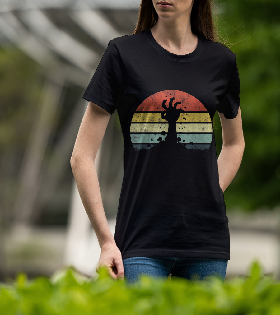 Vintage Retro Scary Zombie Hand Rising In Striped Sunset Background T-Shirt
