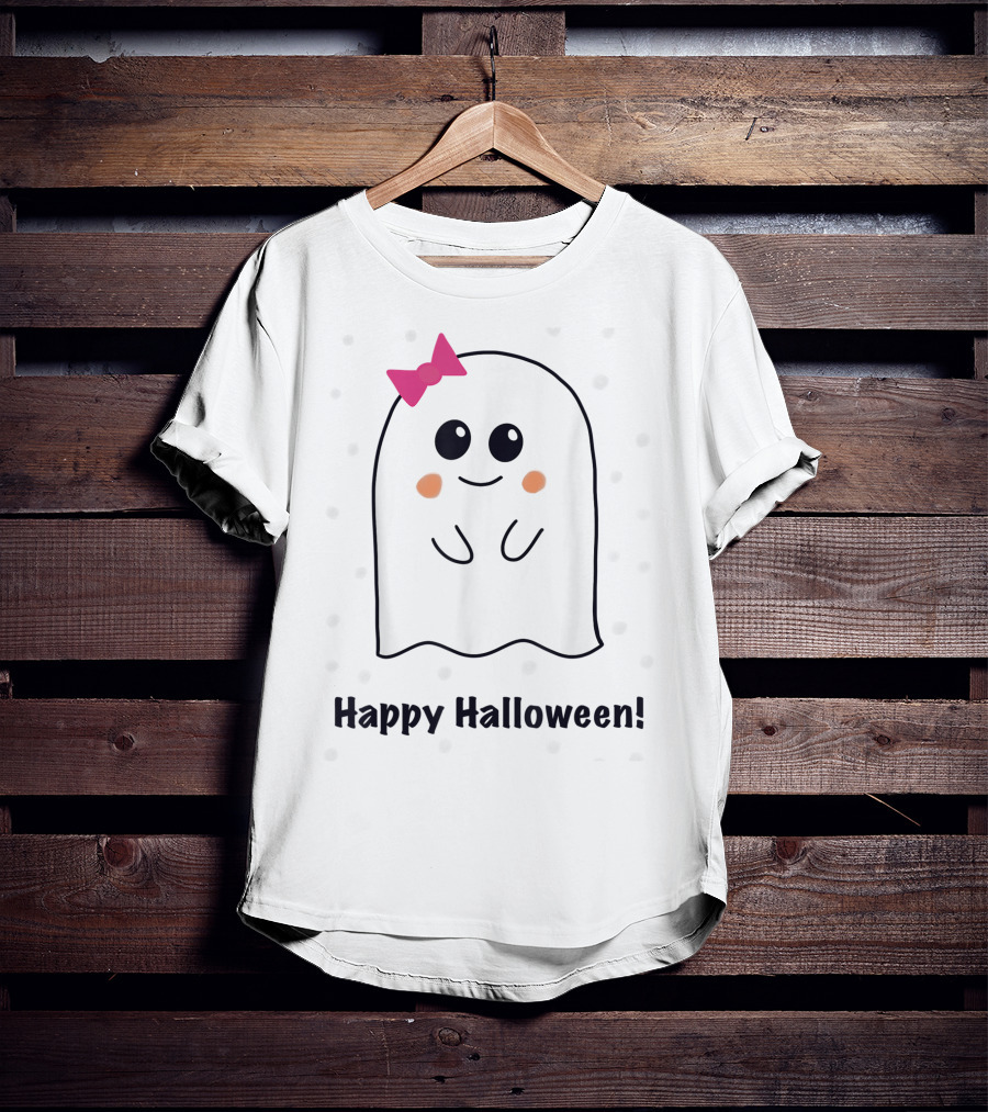 Happy Halloween Cute Ghost With Pink Bow T-Shirt