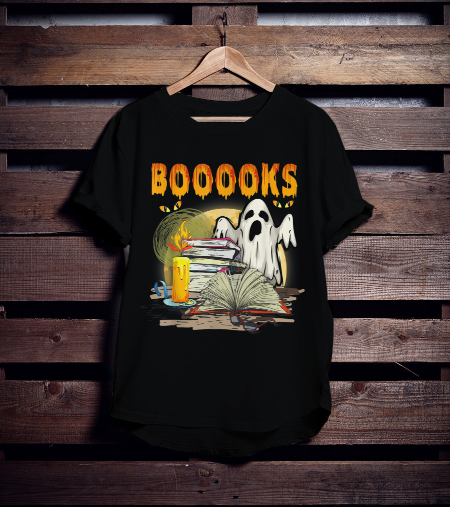 BOOOOKS Cute Ghost With Candles And Stacks Of Books T-Shirt