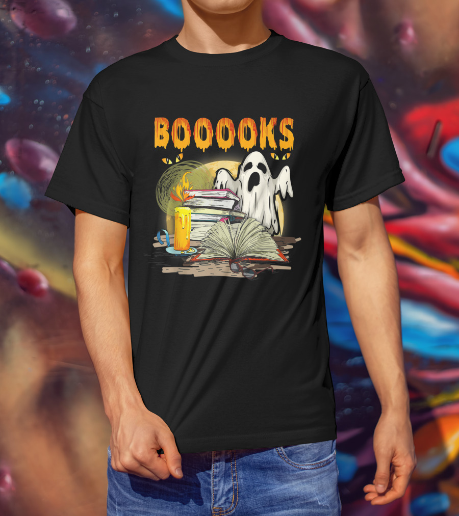 BOOOOKS Cute Ghost With Candles And Stacks Of Books T-Shirt
