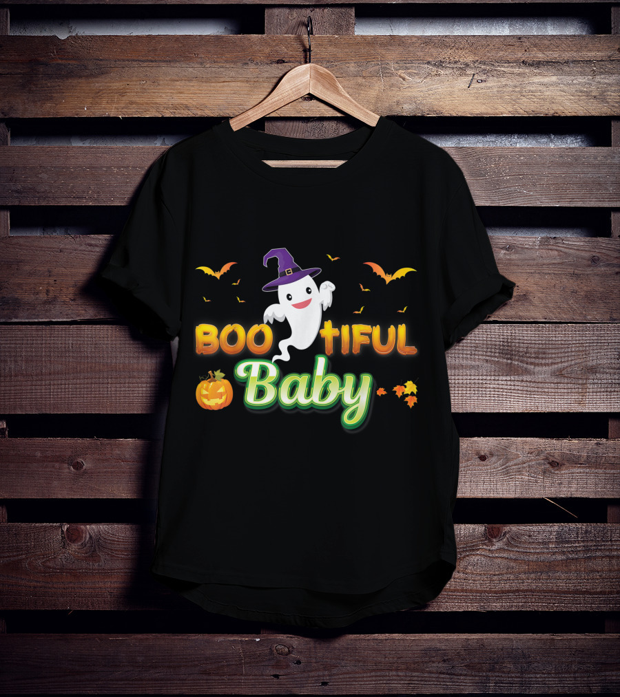Bootiful Baby Cute Boo Ghost With Witch Hat And Pumpkin T-Shirt