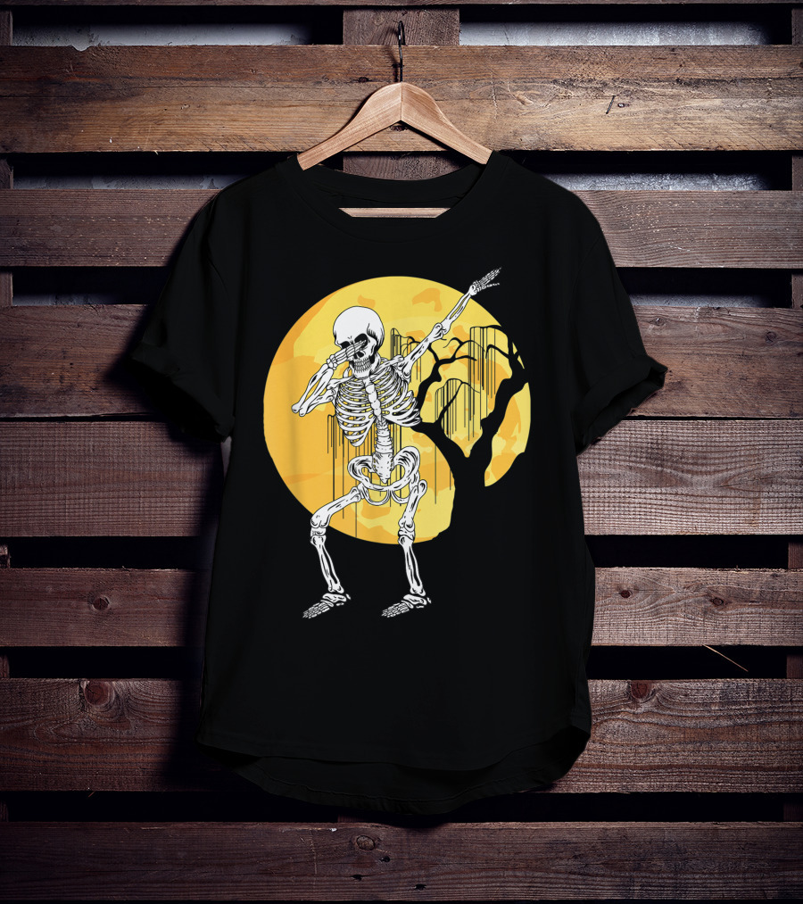 Dabbing Skeleton In Front Of Yellow Moon With Tree T-Shirt