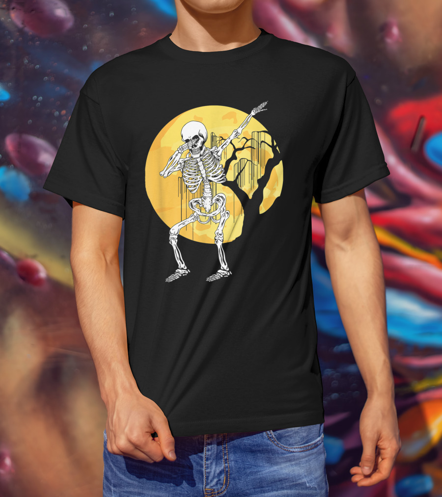 Dabbing Skeleton In Front Of Yellow Moon With Tree T-Shirt
