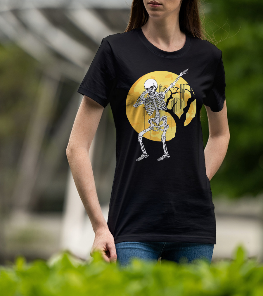 Dabbing Skeleton In Front Of Yellow Moon With Tree T-Shirt