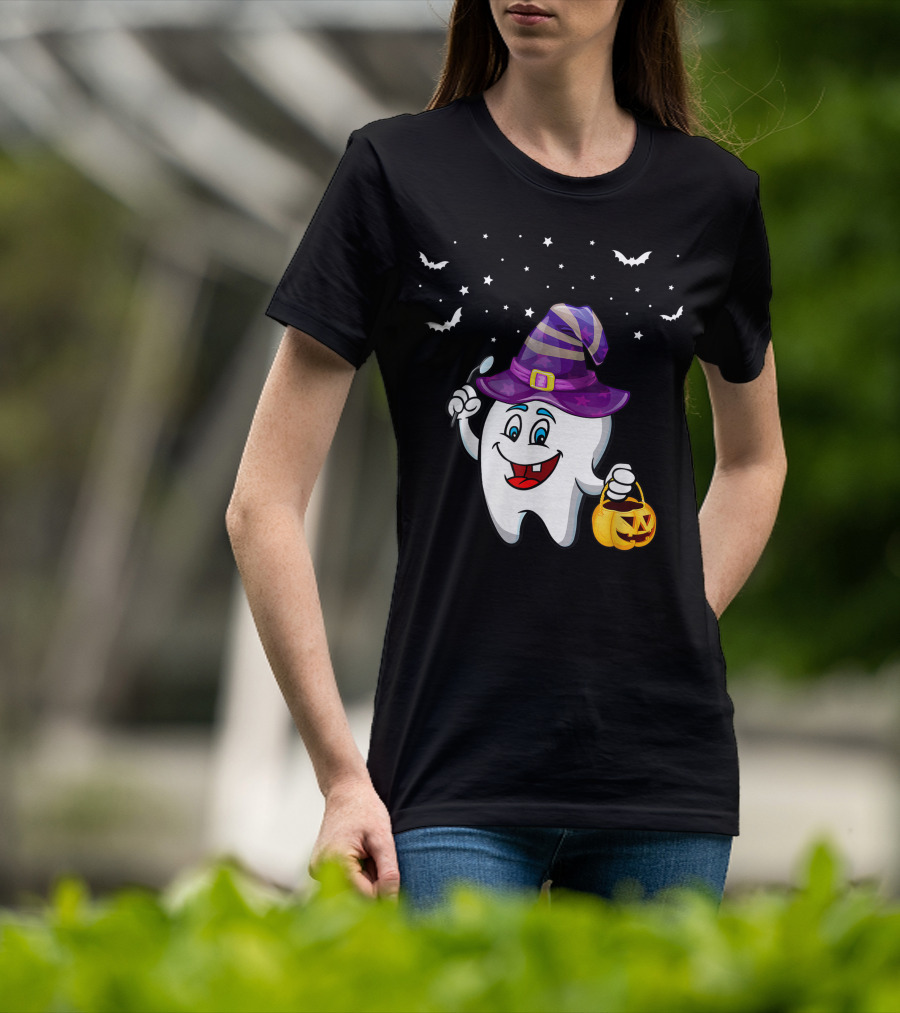 Dentist Halloween Tooth Witch Hat Pumpkin Dental Hygienist Dental Assistant T-Shirt