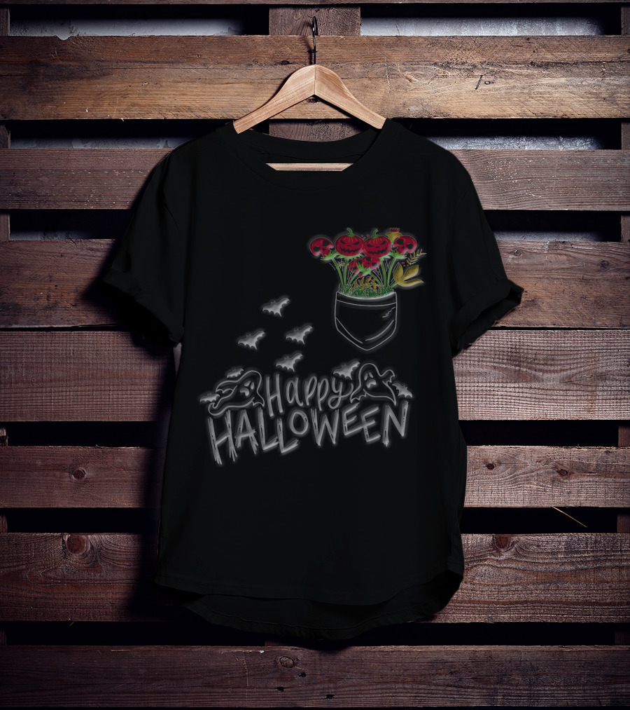 Happy Halloween Spooky Ghost Bat Pumpkin Flower Pocket T-Shirt