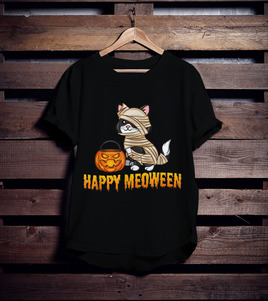 Happy Meoween Cute Cat Mummy With Pumpkin T-Shirt
