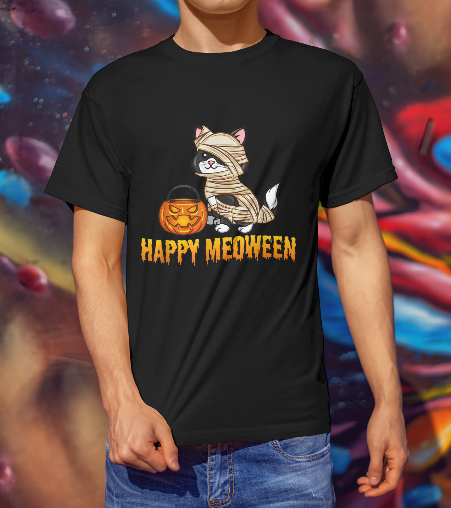 Happy Meoween Cute Cat Mummy With Pumpkin T-Shirt