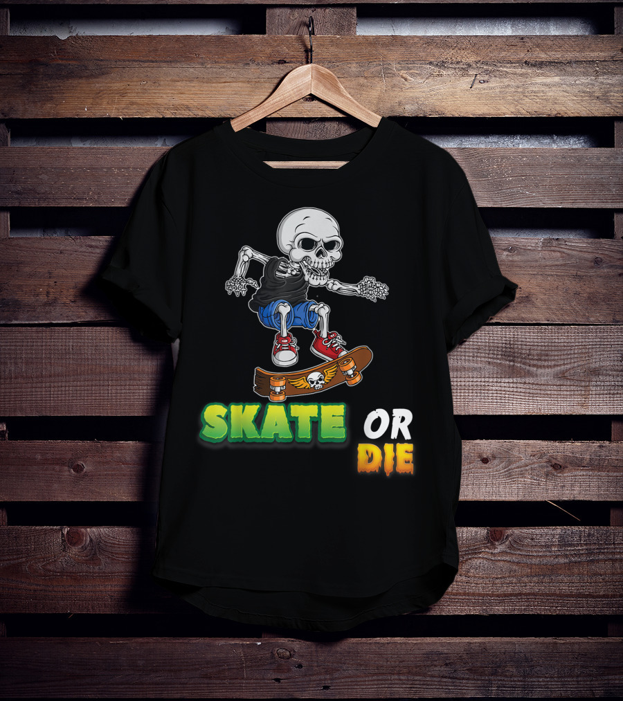 Skate Or Die Skeleton Skating Skull On Skateboard T-Shirt