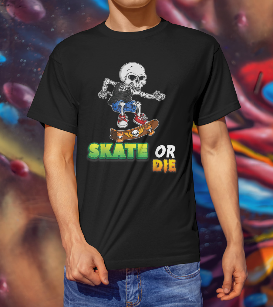 Skate Or Die Skeleton Skating Skull On Skateboard T-Shirt