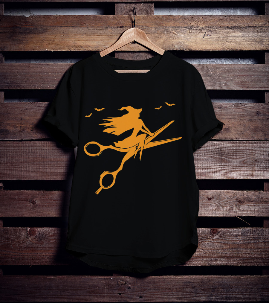 Witch On Scissors Broom With Bats Hair Stylist T-Shirt