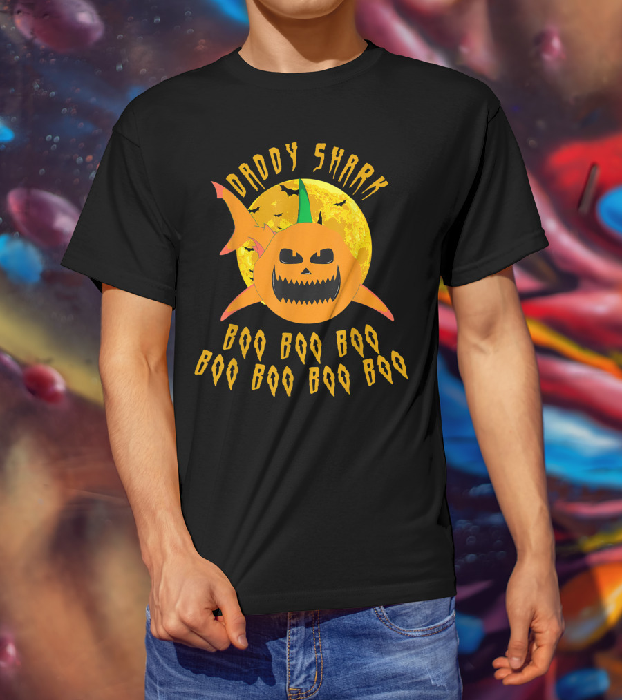 Daddy Shark Halloween Boo Boo Pumpkin Moon T-Shirt