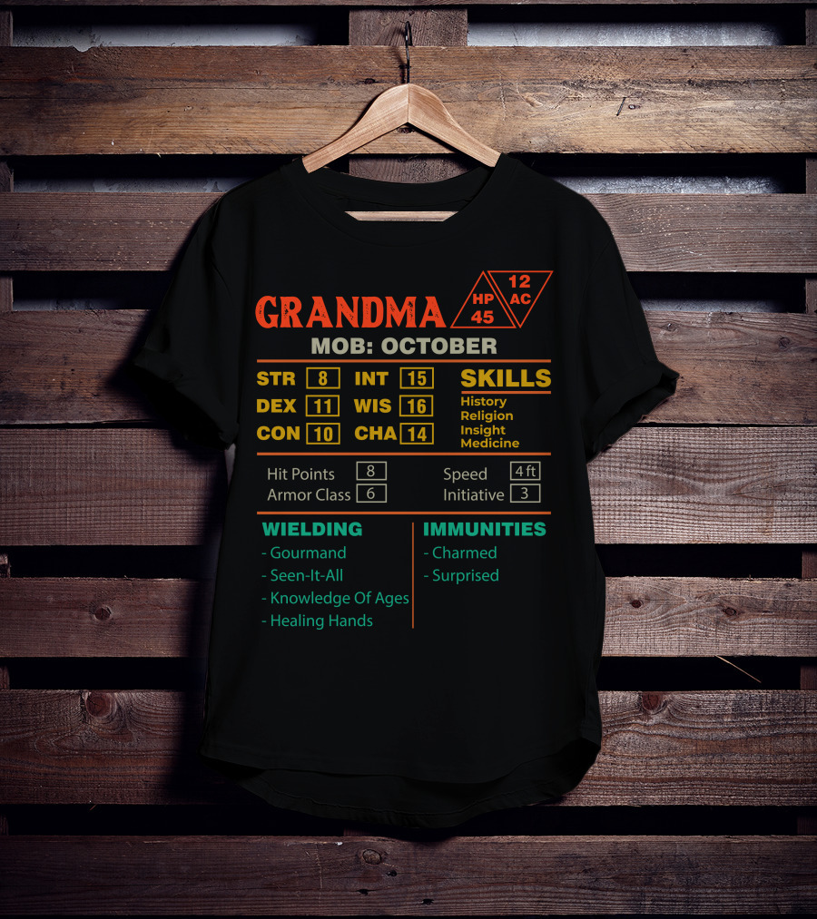 Grandma Mob October Character Stats Str Dex Con Int Wis Cha Skills Wielding Immunities Hp Ac T-Shirt