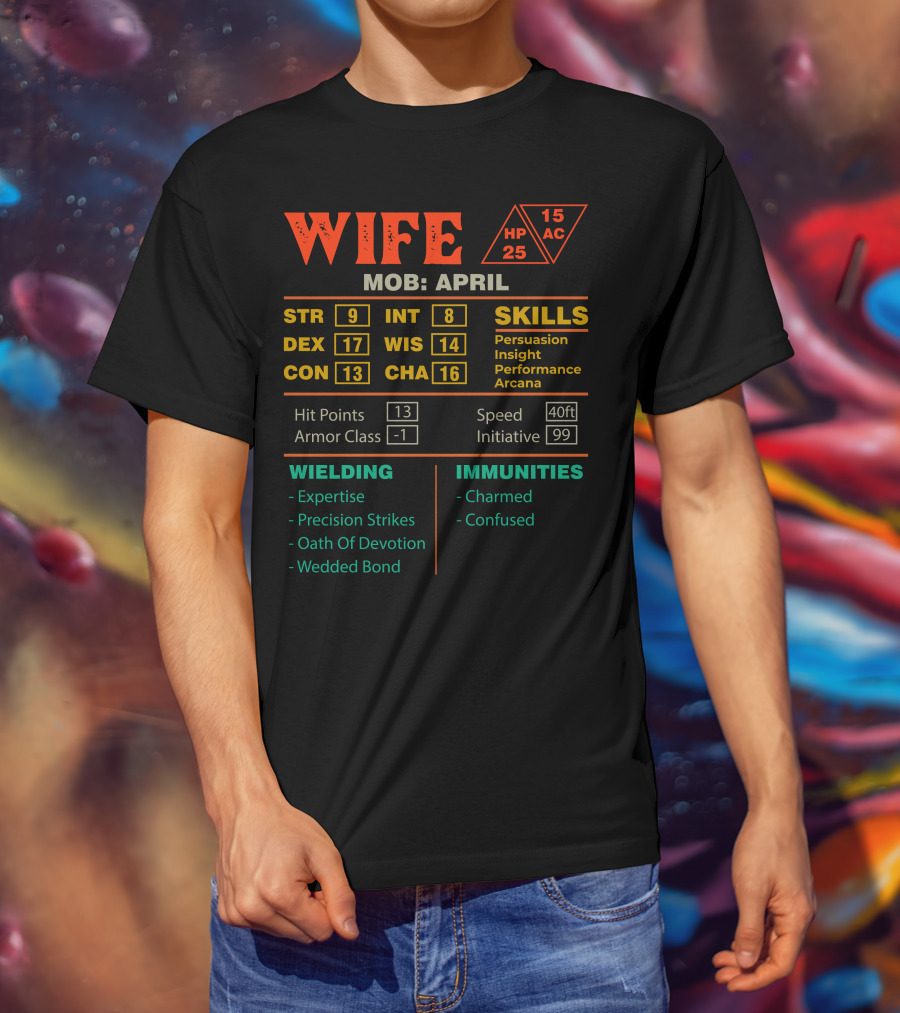 Wife Character Sheet April Mob Stats Skills Hit Points Armor Class Wielding Immunities T-Shirt