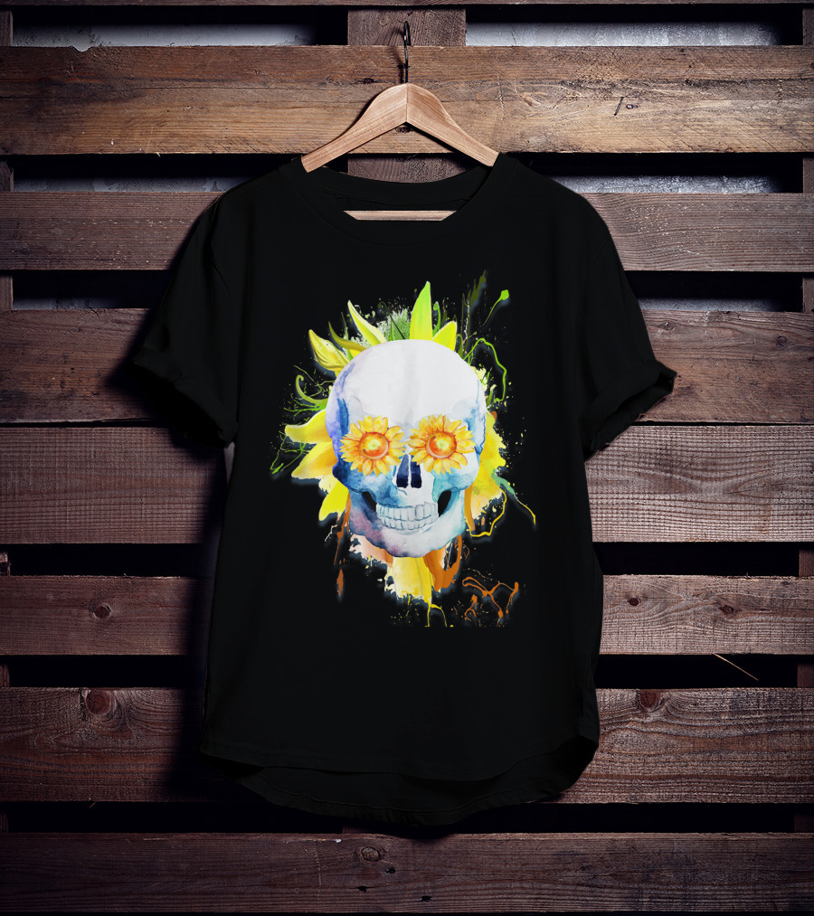 Dia De Los Muertos Halloween Sunflower Skull With Colorful Explosion Background T-Shirt