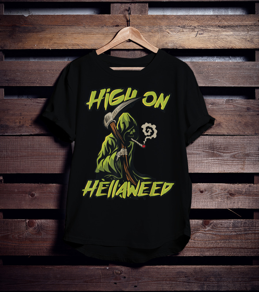 High On Hellaweed Grim Reaper Smoking Weed THC CBD T-Shirt