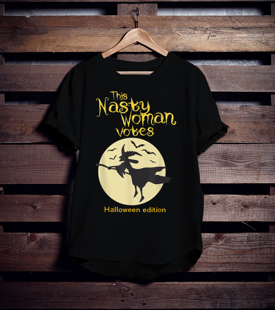 This Nasty Woman Votes Halloween Edition Feminism Witch And Bats Moon T-Shirt