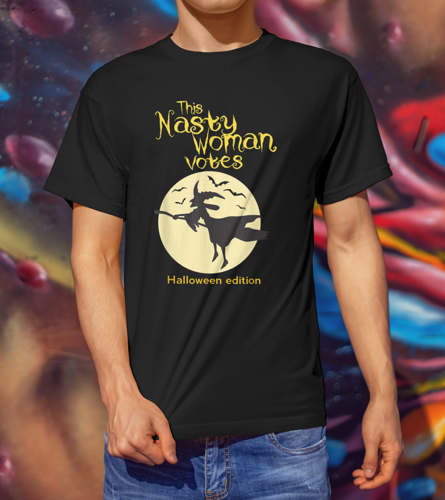 This Nasty Woman Votes Halloween Edition Feminism Witch And Bats Moon T-Shirt